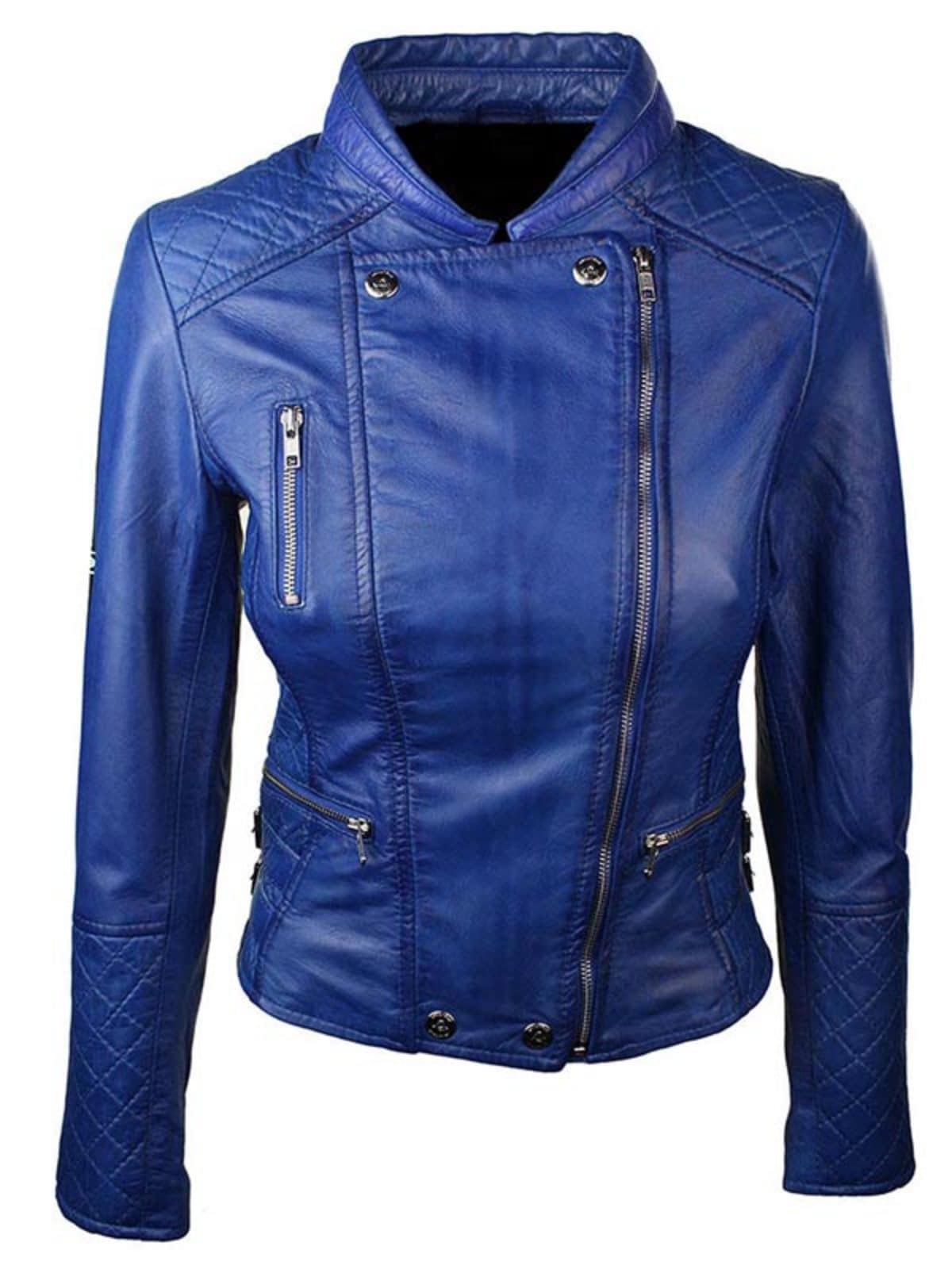 WOMENS SLIM FIT DIAMOND QUILTED LEATHER BIKER JACKET BLUE