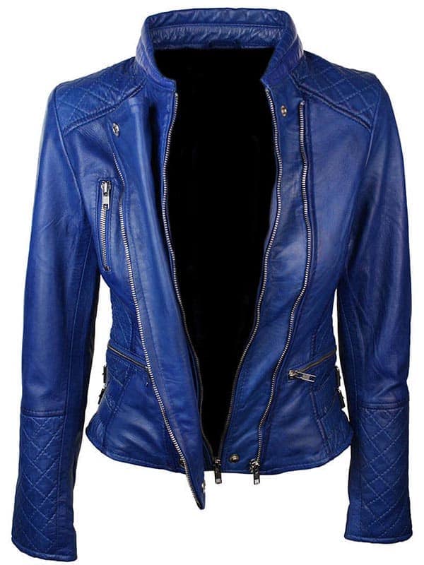 WOMENS SLIM FIT DIAMOND QUILTED LEATHER BIKER JACKET BLUE