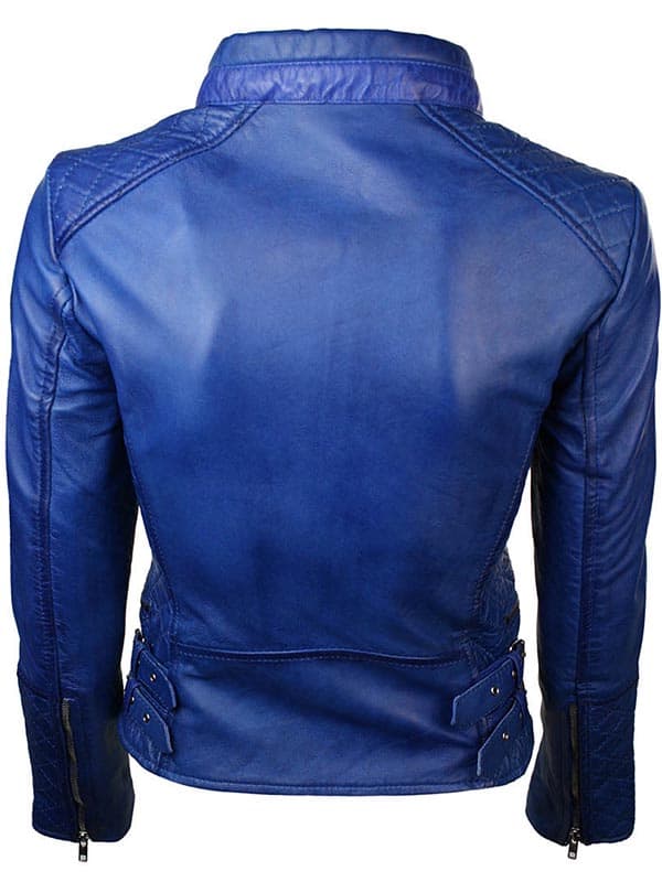 WOMENS SLIM FIT DIAMOND QUILTED LEATHER BIKER JACKET BLUE