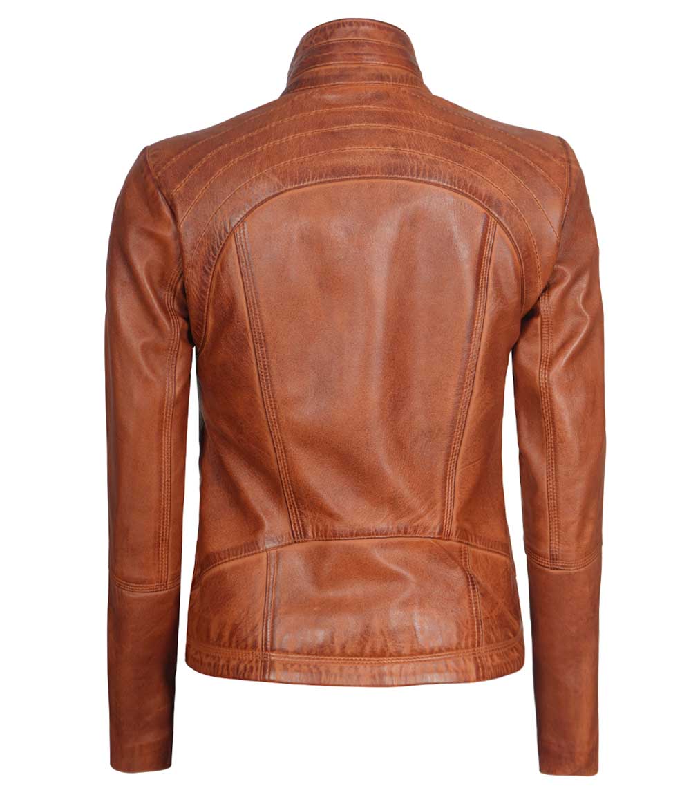 Acerra Womens Real Cognac Brown Leather Cafe Racer Jacket