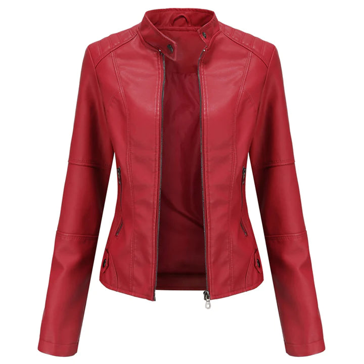 Women's Red Leather Moto Biker Zipper Jacket