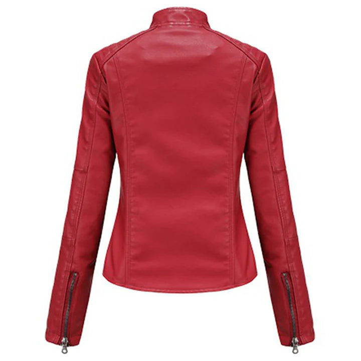 Women's Red Leather Moto Biker Zipper Jacket