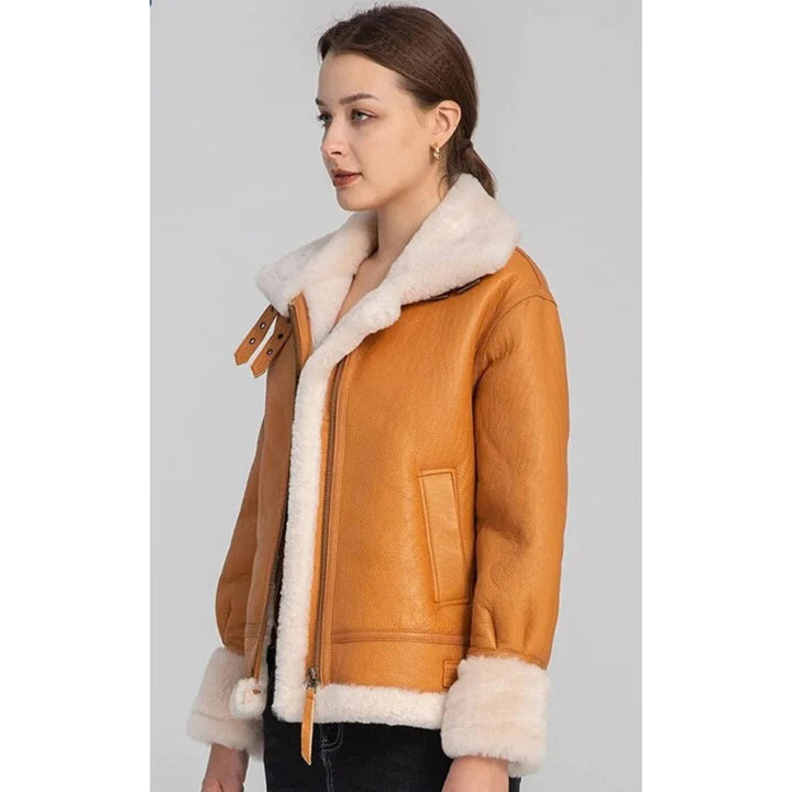 Women's Tan Brown B3 Bomber Shearling Aviator Flight Coat