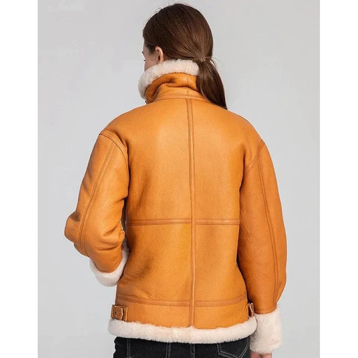 Women's Tan Brown B3 Bomber Shearling Aviator Flight Coat