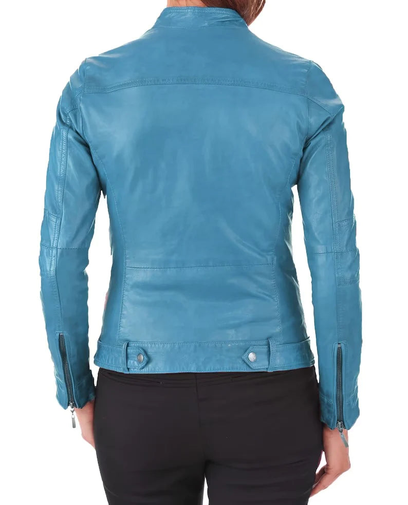 Women's Turquoise Blue Genuine Lambskin Leather Biker Jacket