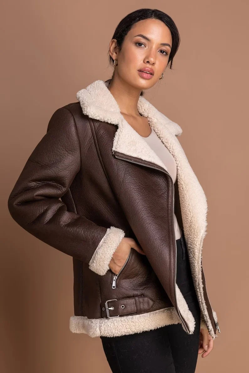 Women's Vintage Brown B3 RAF Aviator Shearling Fur Bomber Jacket