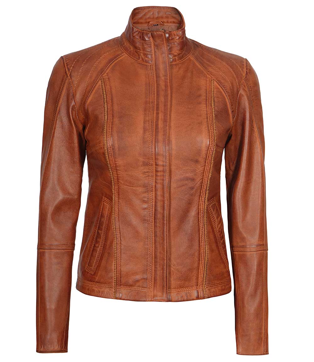 Acerra Womens Real Cognac Brown Leather Cafe Racer Jacket