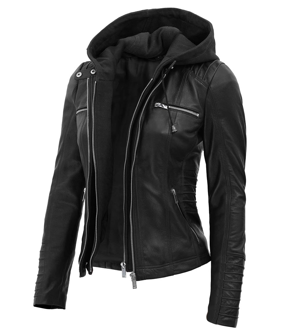 Womens Black Leather Jacket With Removable Hood