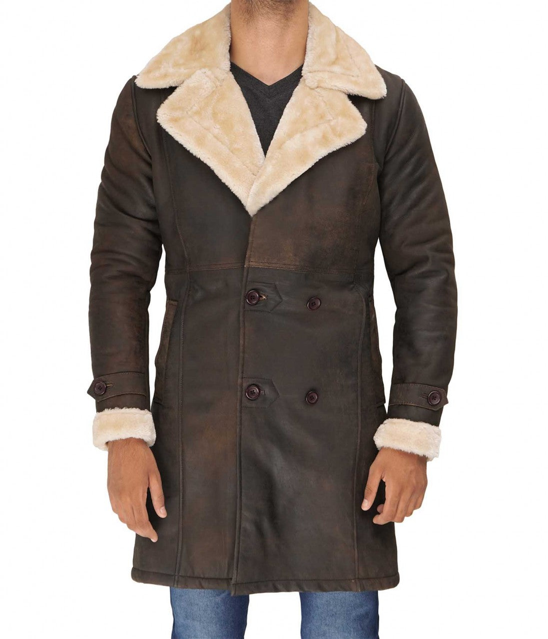 Sullivan Mens Double Breasted Shearling Brown Leather Coat - Winter Jacket