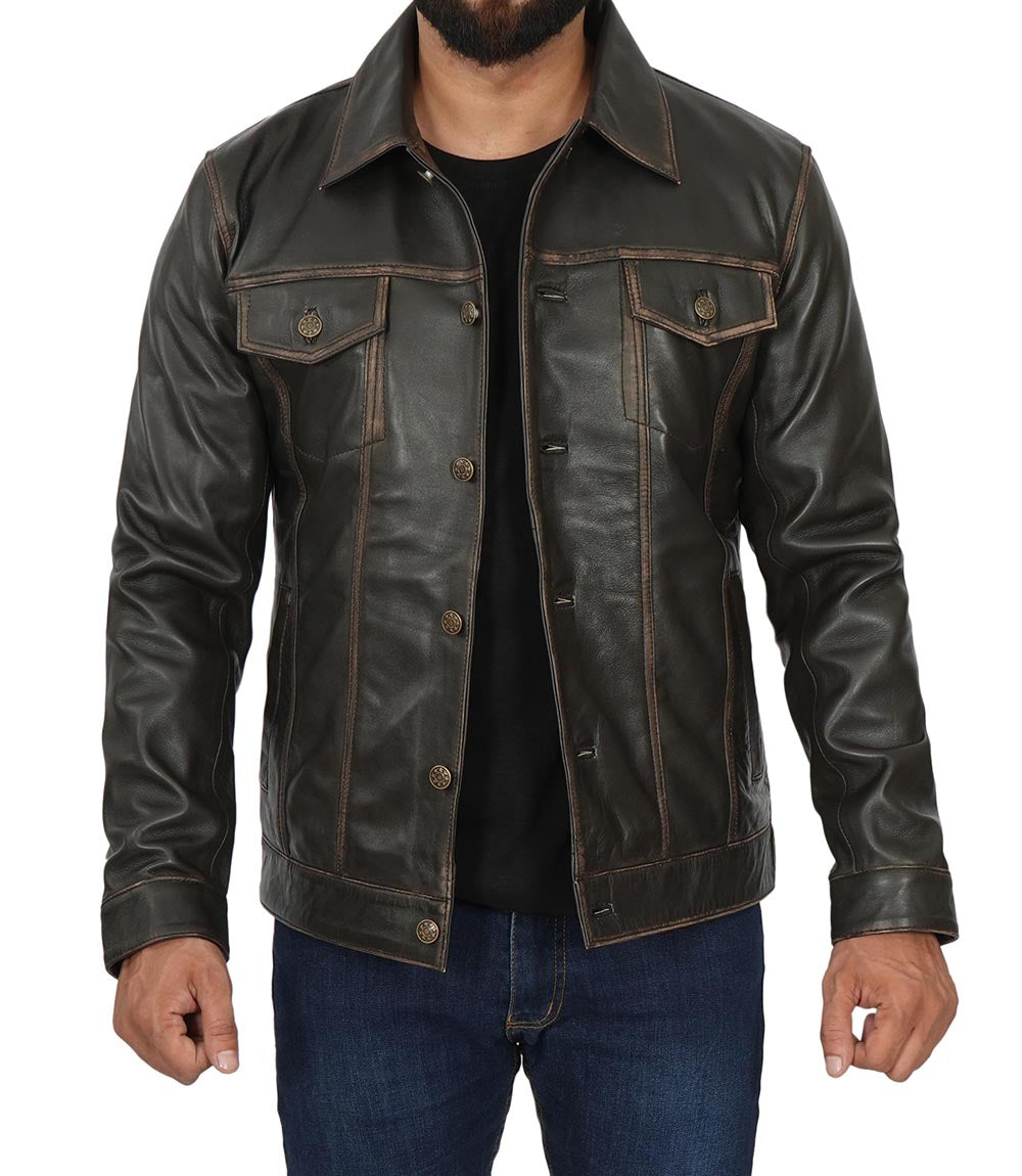 Dark Brown Leather Trucker Jacket Mens