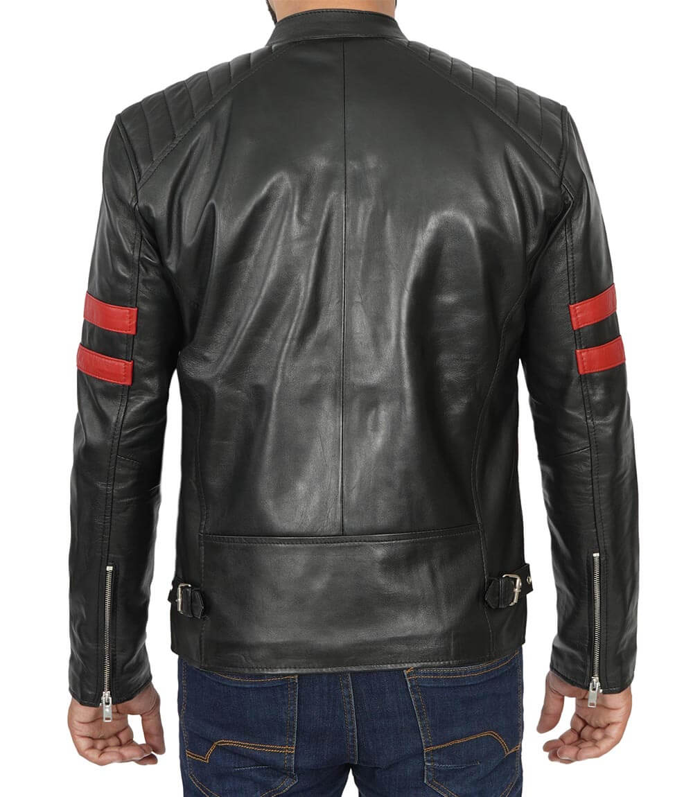 Mens Cafe Racer Black Leather Jacket with Red Stripes