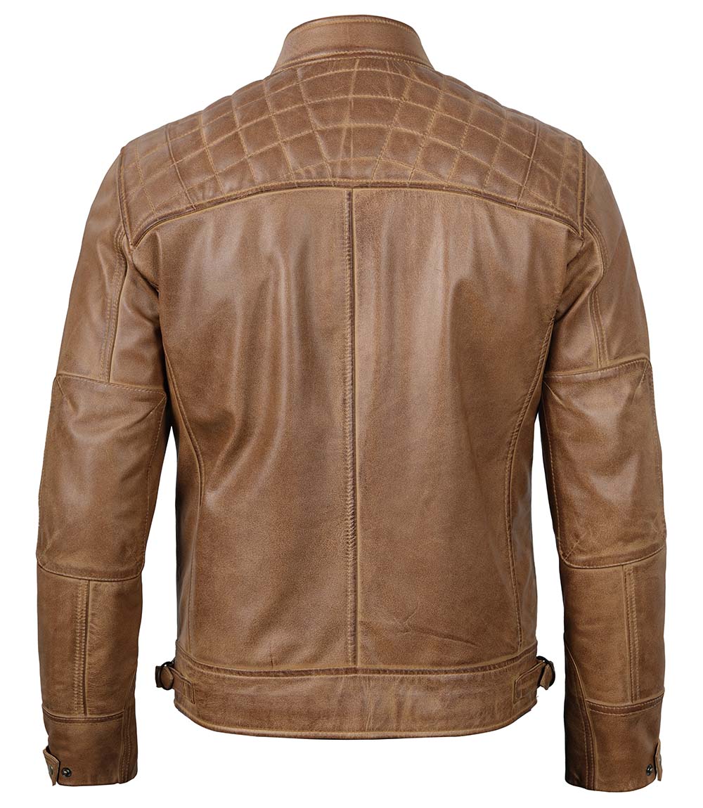 Men's Distressed Camel Brown Cafe Racer Leather Jacket