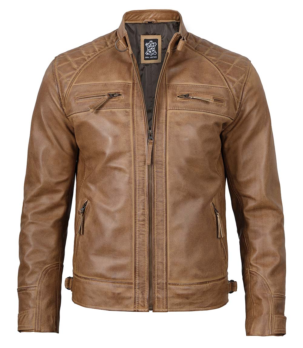 Men's Distressed Camel Brown Cafe Racer Leather Jacket