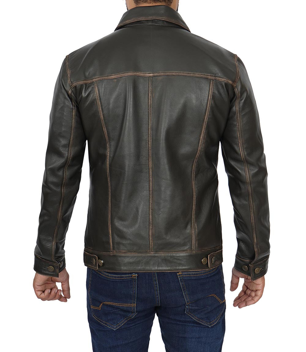 Dark Brown Leather Trucker Jacket Mens