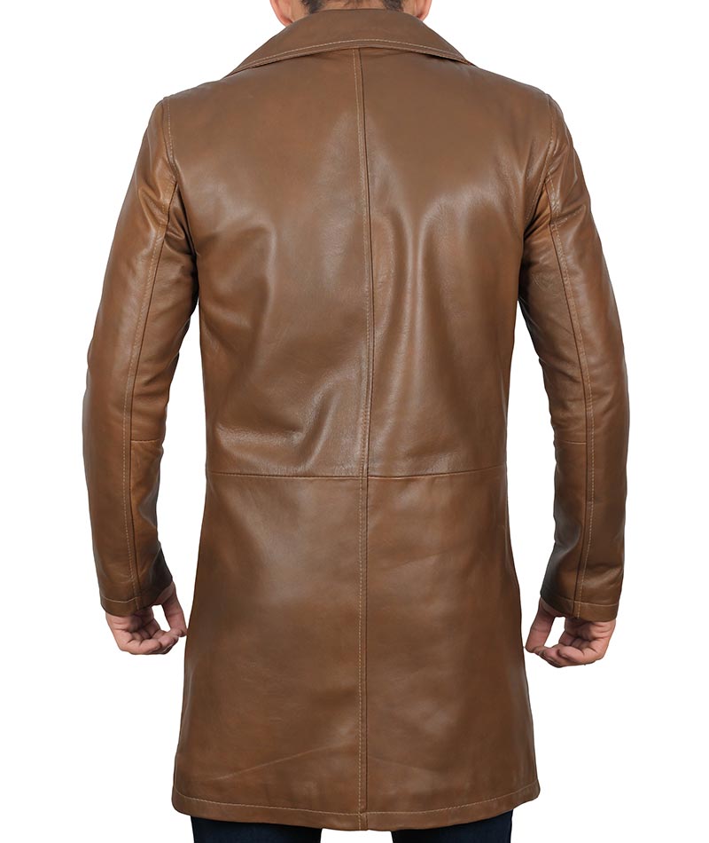 Mens 3/4 Length Brown Leather Car Coat