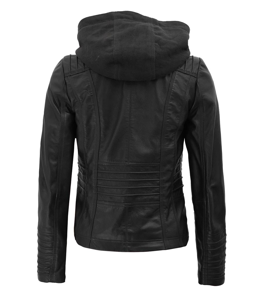 Womens Black Leather Jacket With Removable Hood