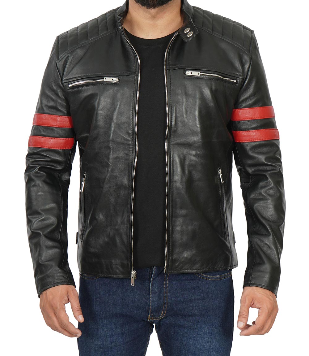 Mens Cafe Racer Black Leather Jacket with Red Stripes