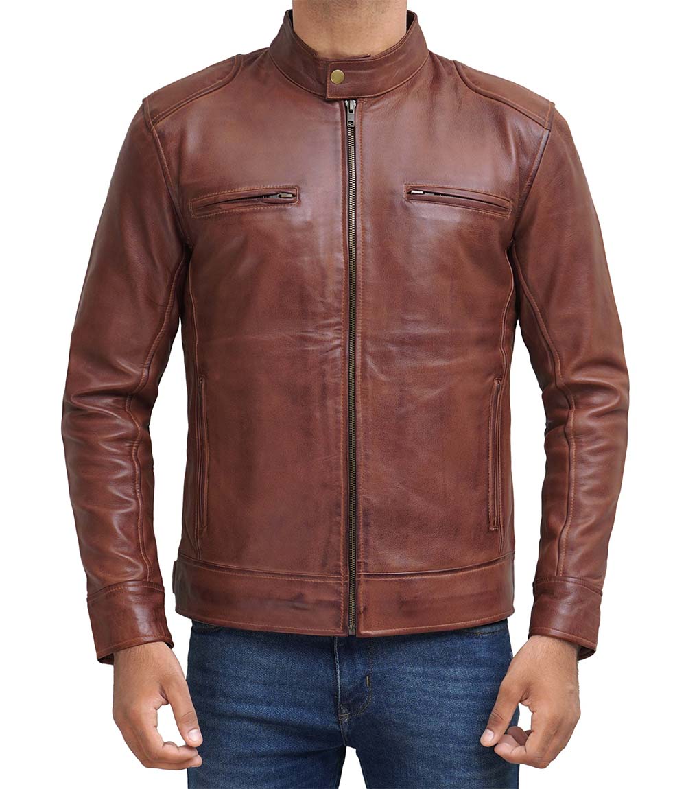 Dodge Mens Cognac Cafe Racer Leather Jacket