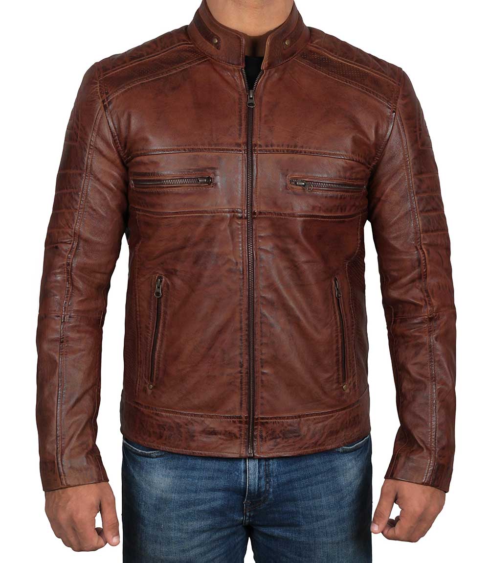 Austin Men Premuim Cafe Racer Cognac Leather Jacke