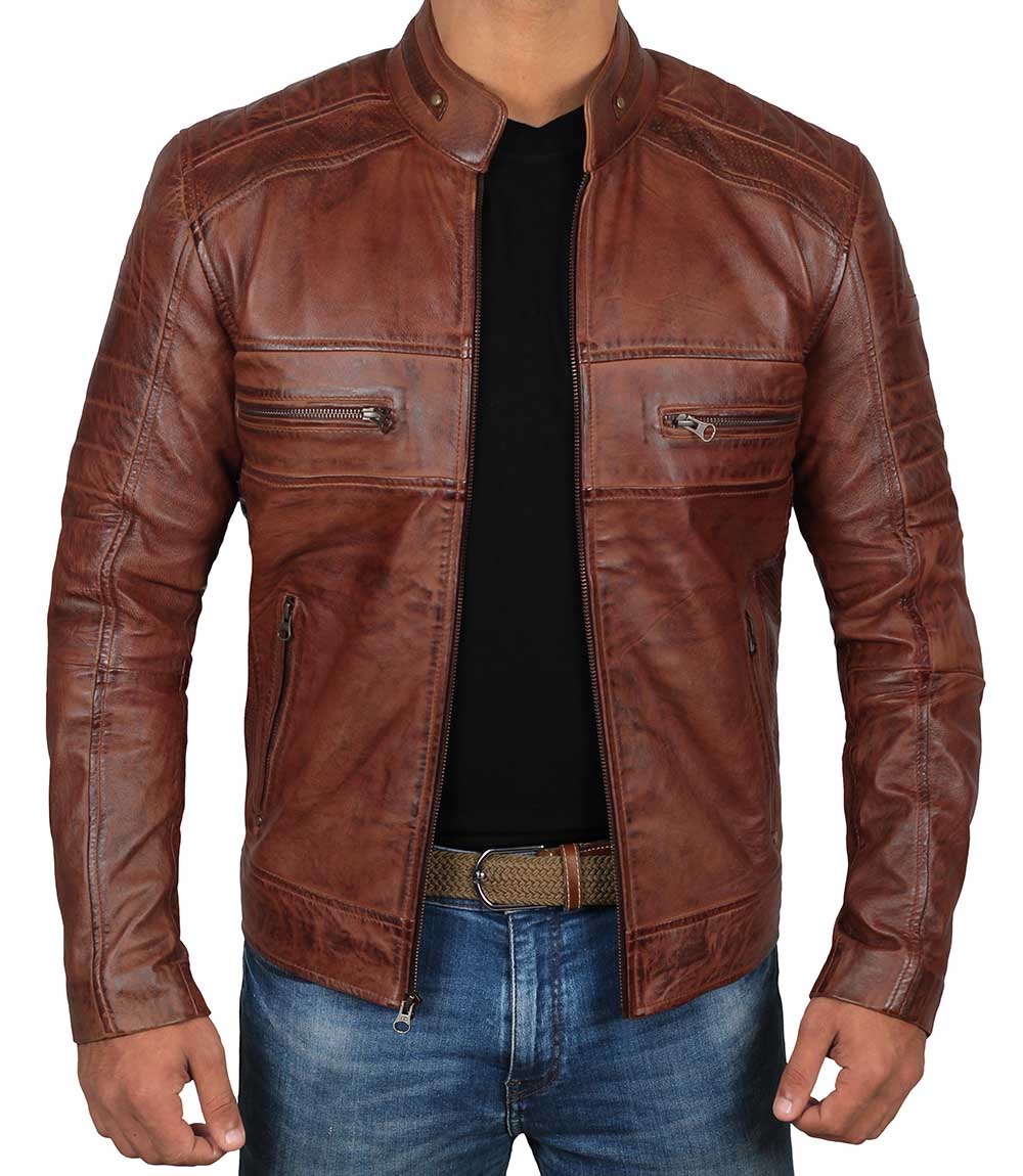 Austin Men Premuim Cafe Racer Cognac Leather Jacke