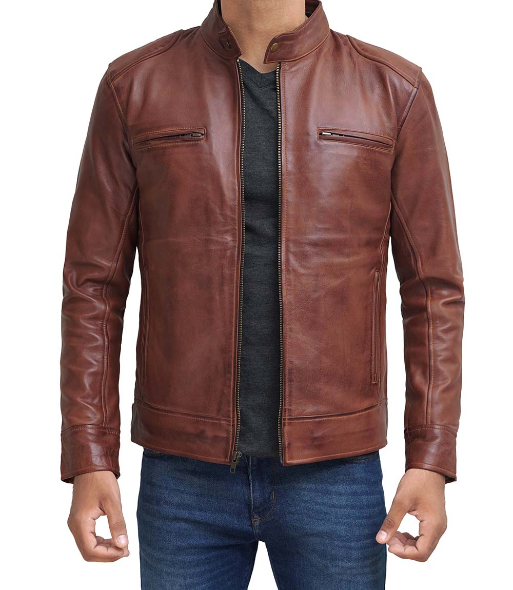 Dodge Mens Cognac Cafe Racer Leather Jacket