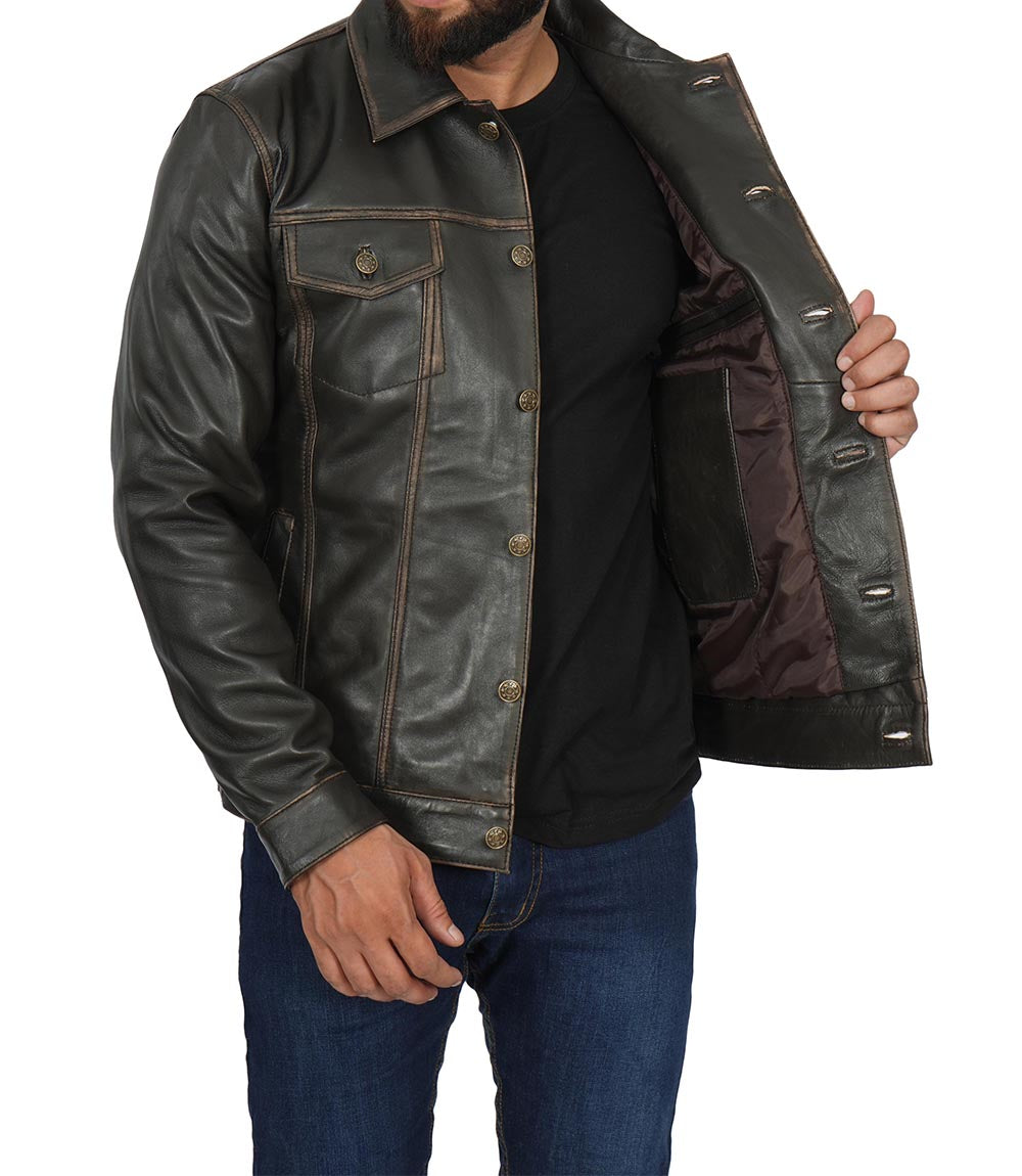 Dark Brown Leather Trucker Jacket Mens