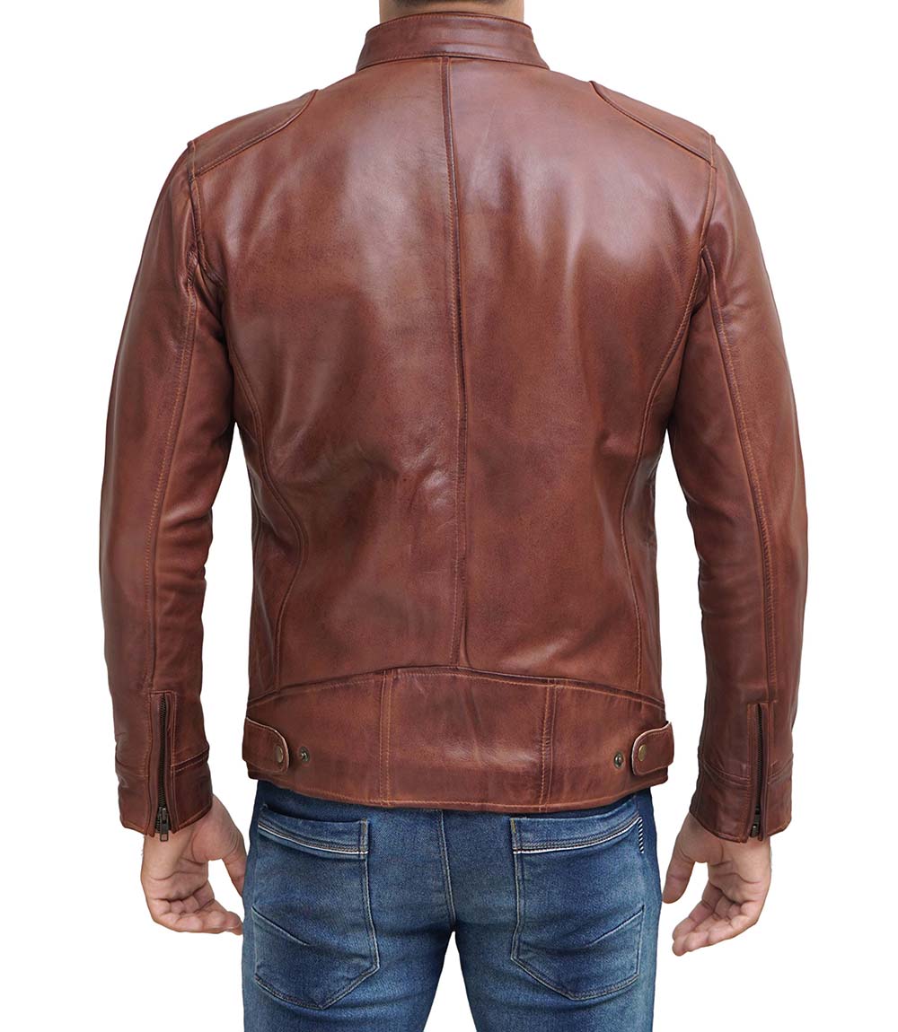 Dodge Mens Cognac Cafe Racer Leather Jacket