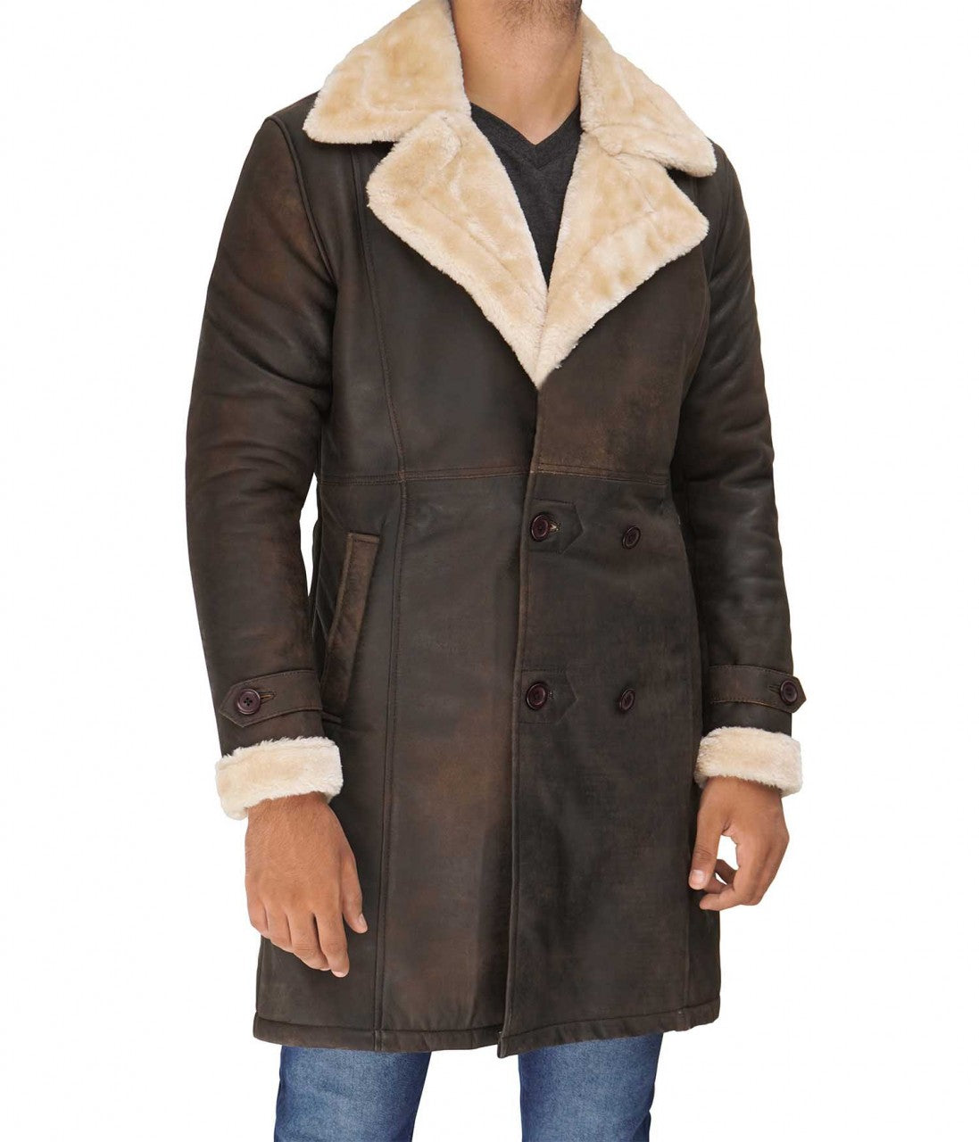 Sullivan Mens Double Breasted Shearling Brown Leather Coat - Winter Jacket