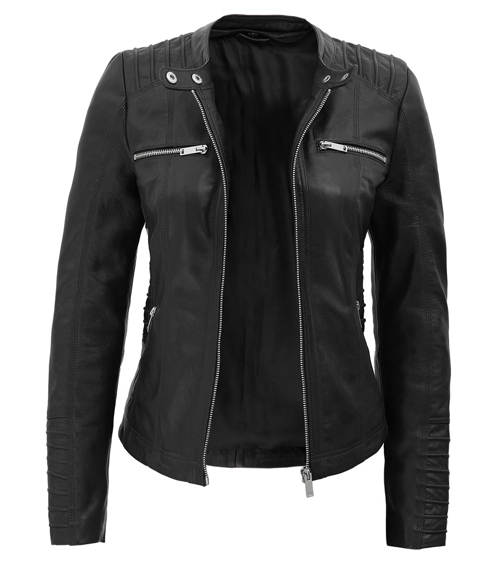 Womens Black Leather Jacket With Removable Hood