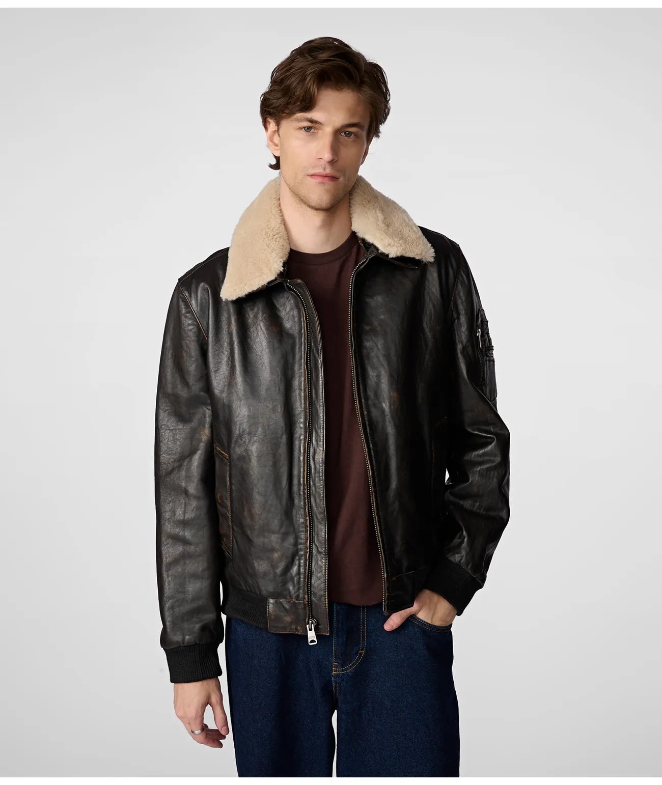 Jimmy Leather Aviator Bomber Jacket With Shearling Collar