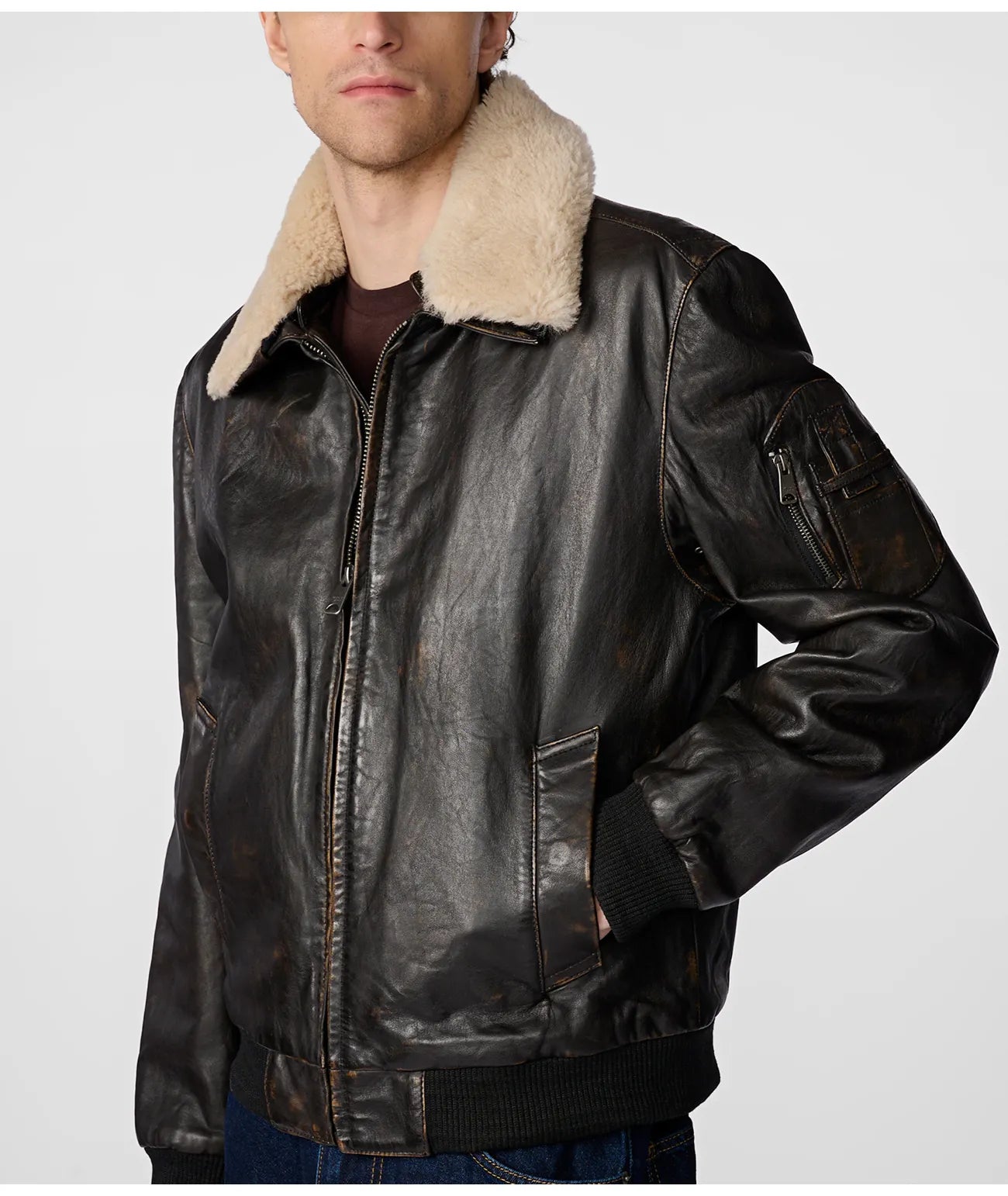 Jimmy Leather Aviator Bomber Jacket With Shearling Collar