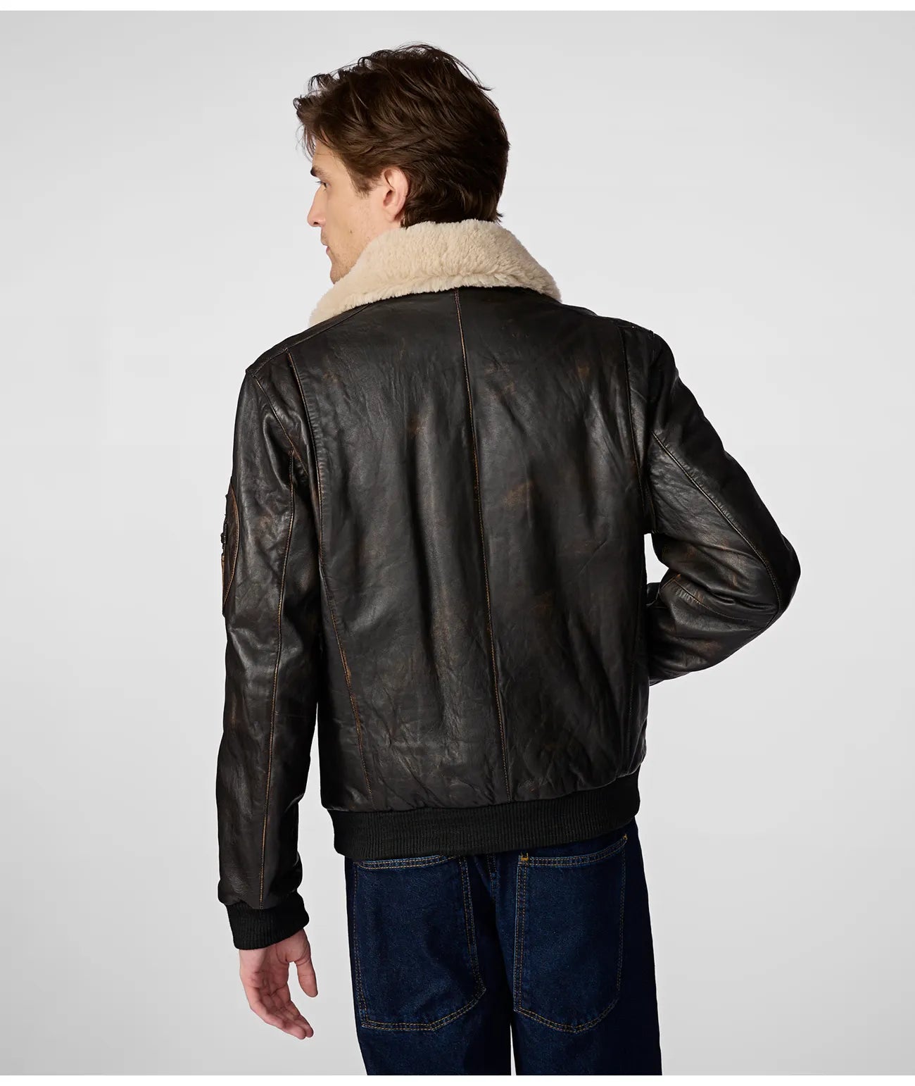 Jimmy Leather Aviator Bomber Jacket With Shearling Collar