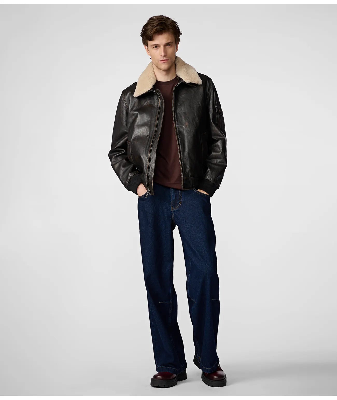 Jimmy Leather Aviator Bomber Jacket With Shearling Collar