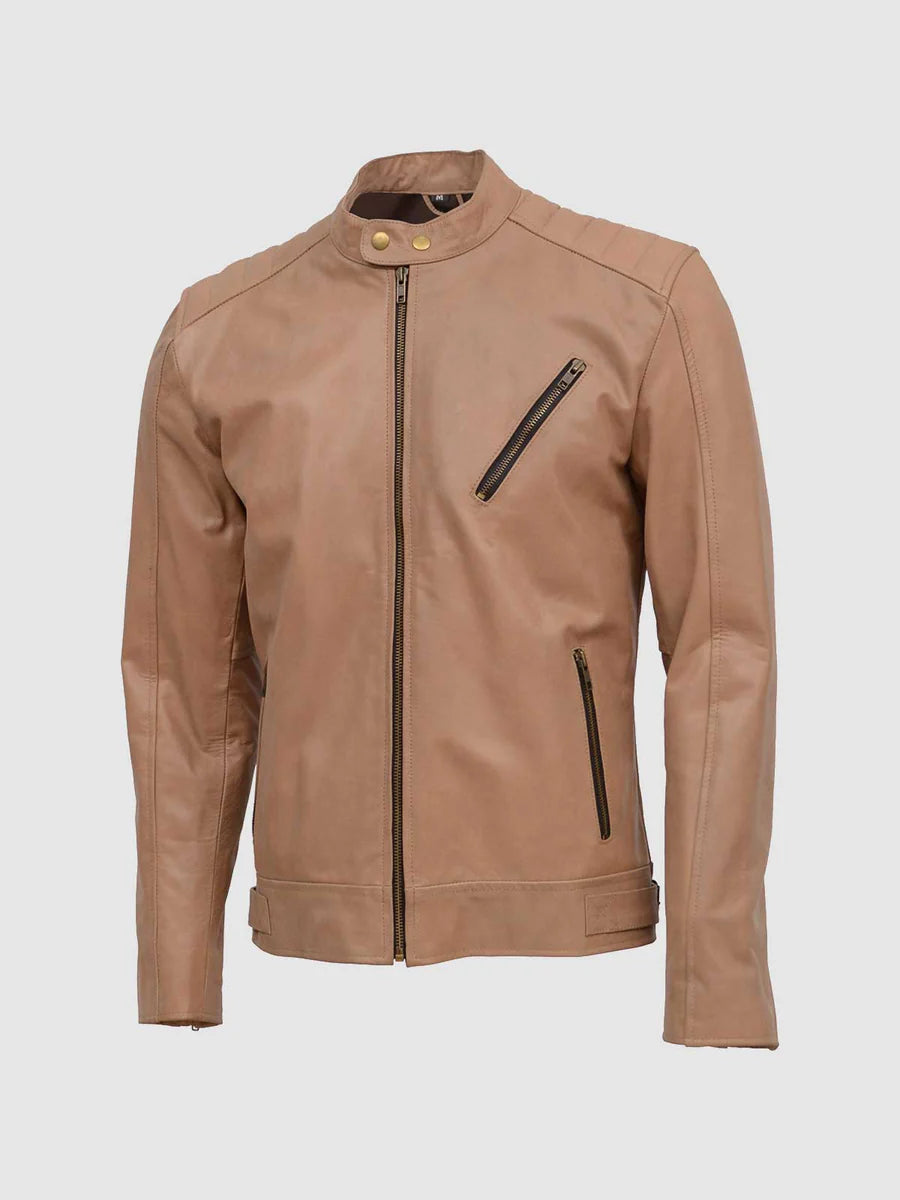 BEIGE LEATHER BIKER JACKET