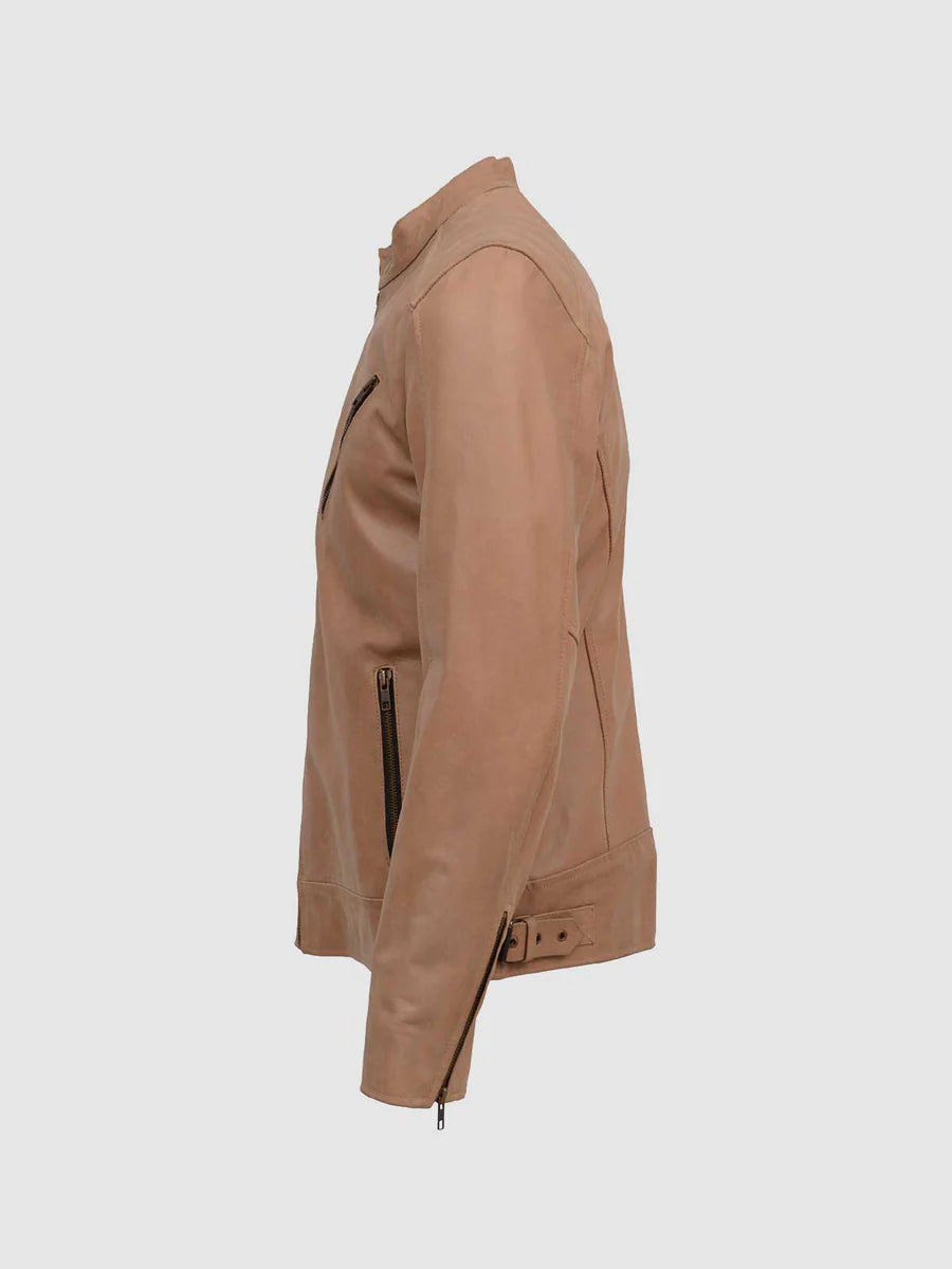 BEIGE LEATHER BIKER JACKET